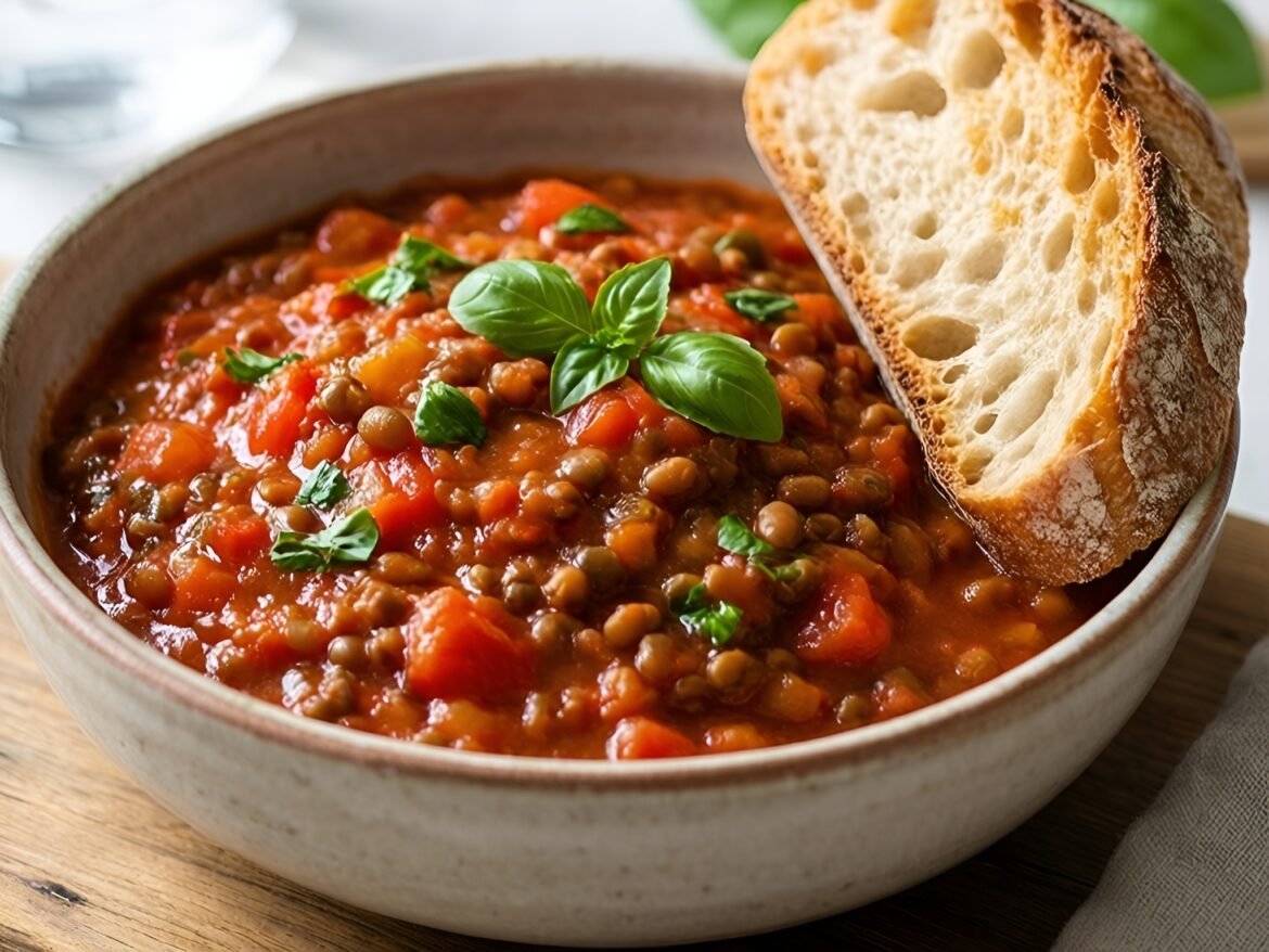 Hearty Tomato-Basil Lentil Stew with Crunchy Artisan Bread