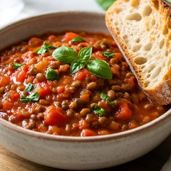 Hearty Tomato-Basil Lentil Stew with Crunchy Artisan Bread
