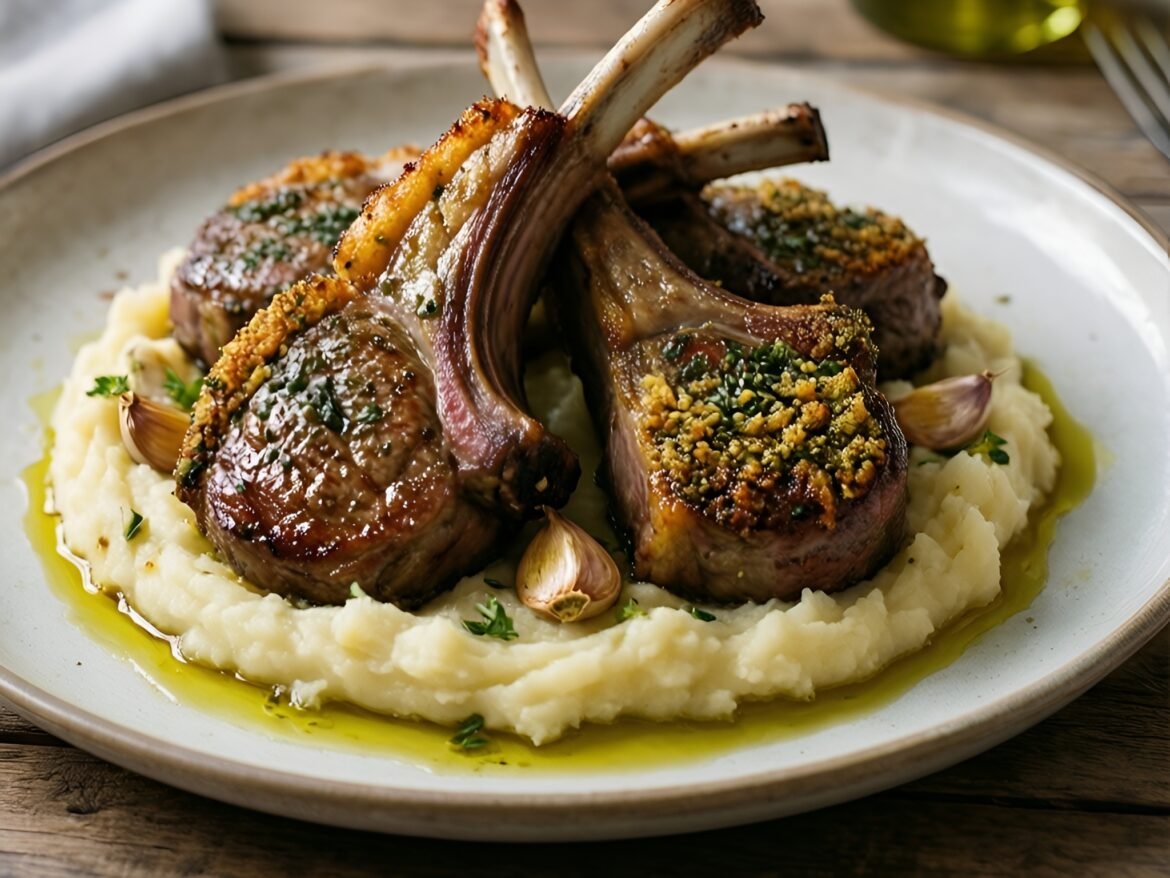 Herb-Crusted Lamb Chops with Roasted Garlic Mashed Cauliflower