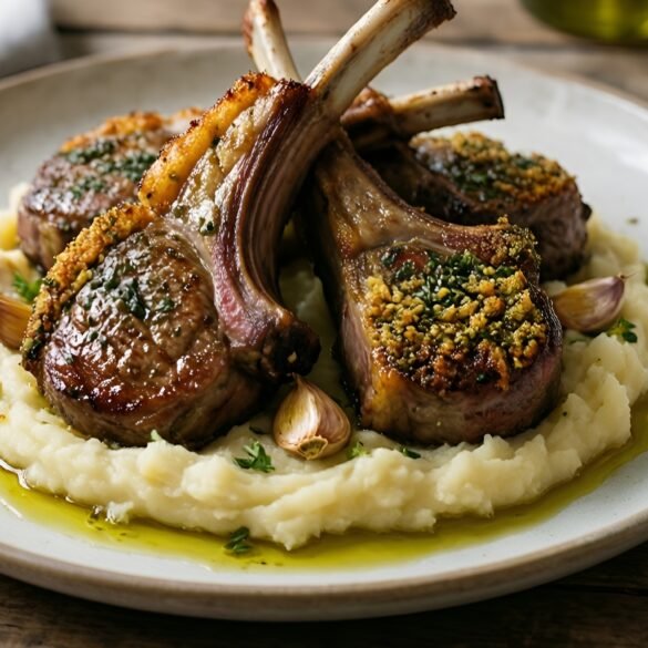 Herb-Crusted Lamb Chops with Roasted Garlic Mashed Cauliflower