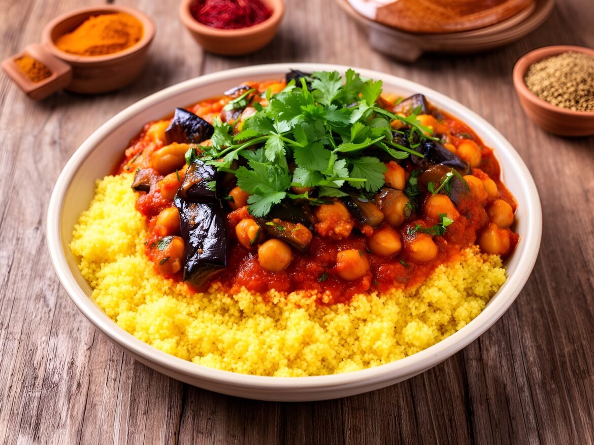 Herb-Infused Eggplant and Chickpea Tagine with Aromatic Saffron Couscous