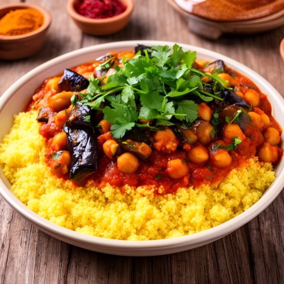 Herb-Infused Eggplant and Chickpea Tagine with Aromatic Saffron Couscous