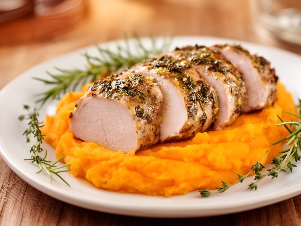 Herb-Infused Garlic Pork Tenderloin with Creamy Sweet Potato Purée