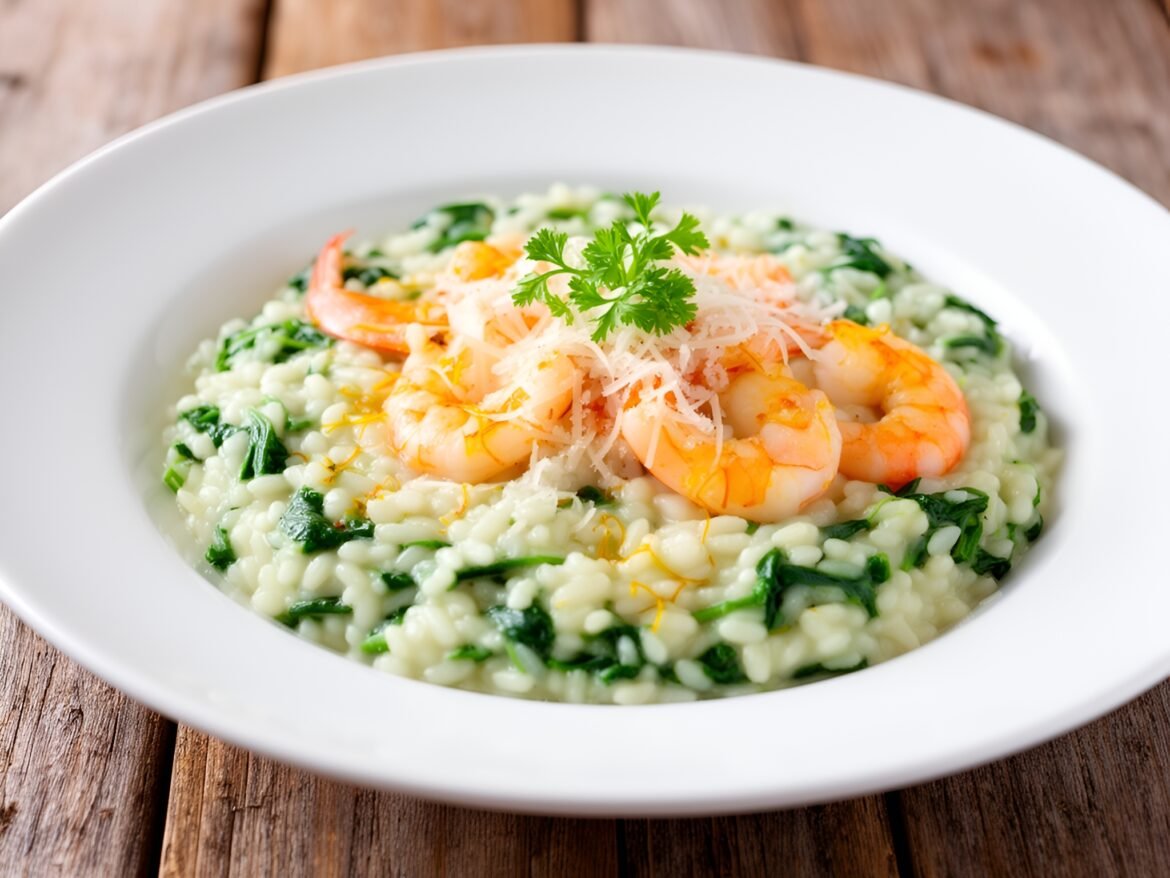 Lemon-Garlic Shrimp Risotto with Saffron and Spinach