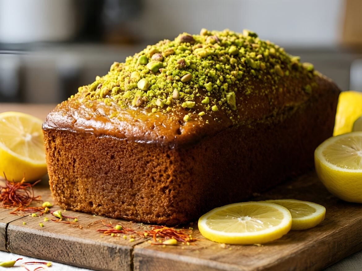 Lemon-Saffron Infused Honey Cake with Pistachio Crumble