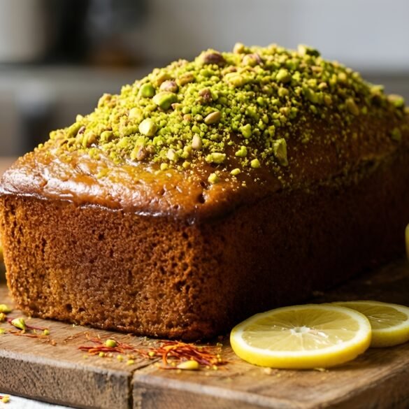 Lemon-Saffron Infused Honey Cake with Pistachio Crumble
