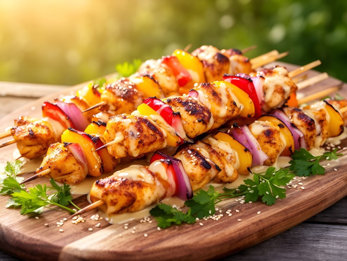 Lemon-Tahini Glazed Chicken Skewers with Grilled Veggies