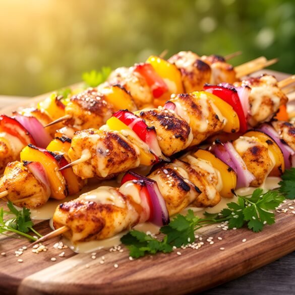 Lemon-Tahini Glazed Chicken Skewers with Grilled Veggies