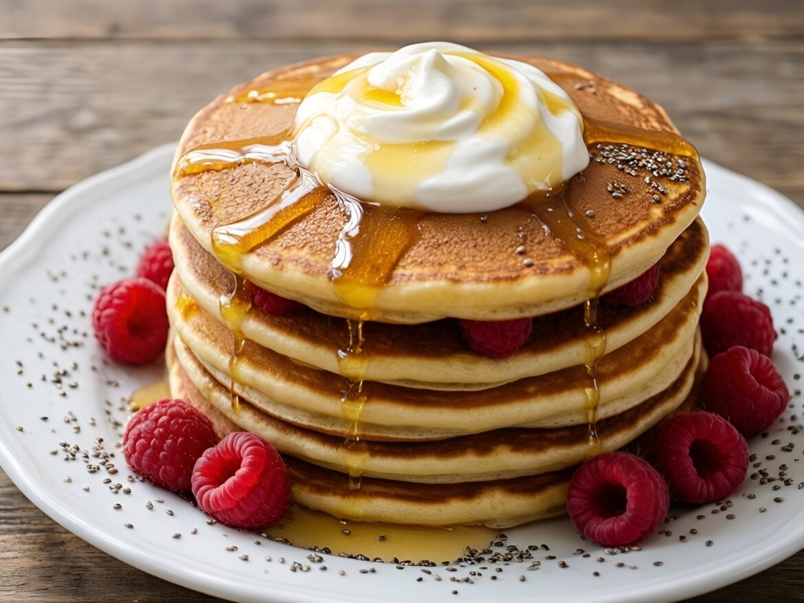 Light and Fluffy Raspberry-Chia Pancakes with Honey-Infused Yogurt