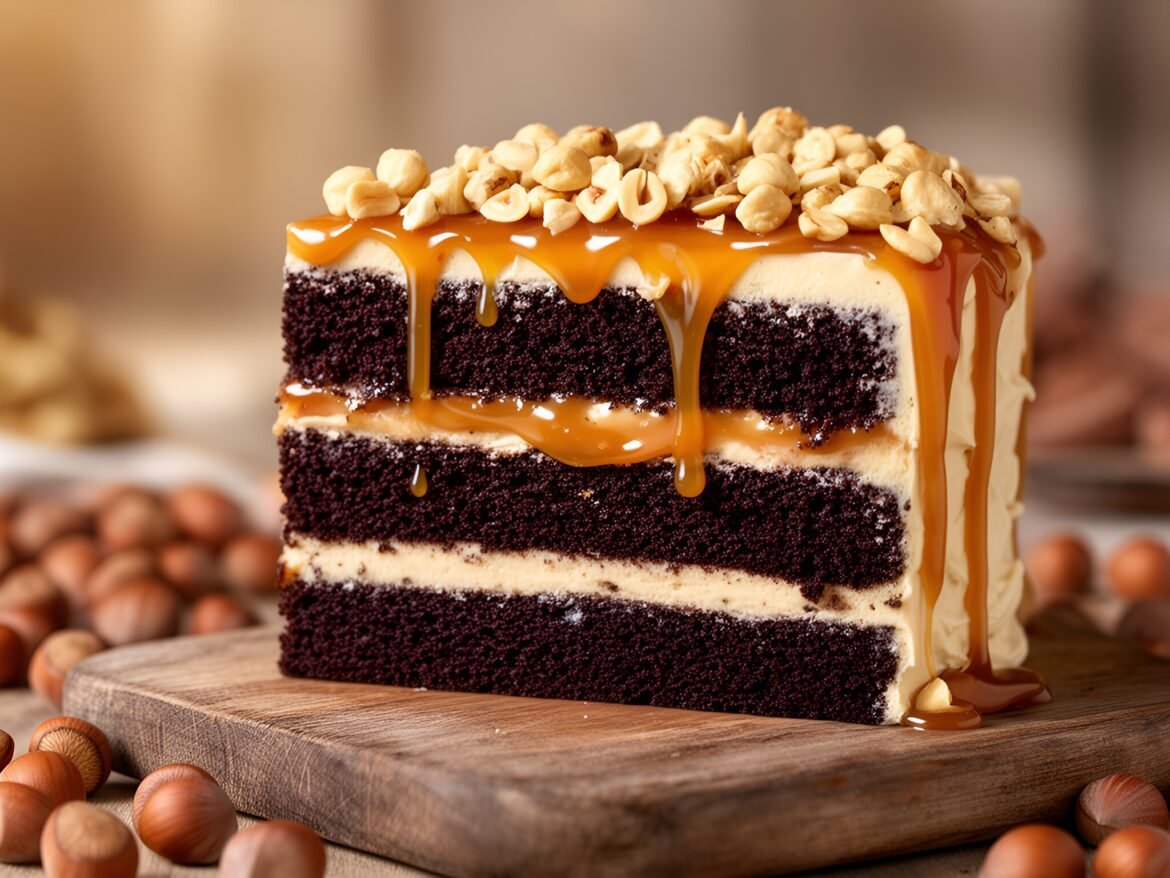 Lusciously Layered Chocolate Hazelnut Caramel Ripple Cake