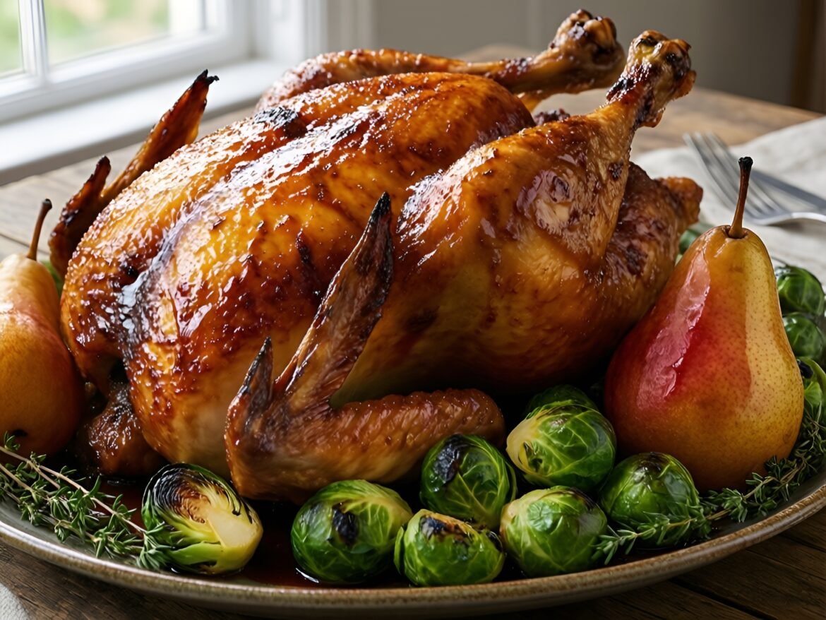 Maple-Balsamic Roasted Chicken with Sweet Pears and Brussels Sprouts