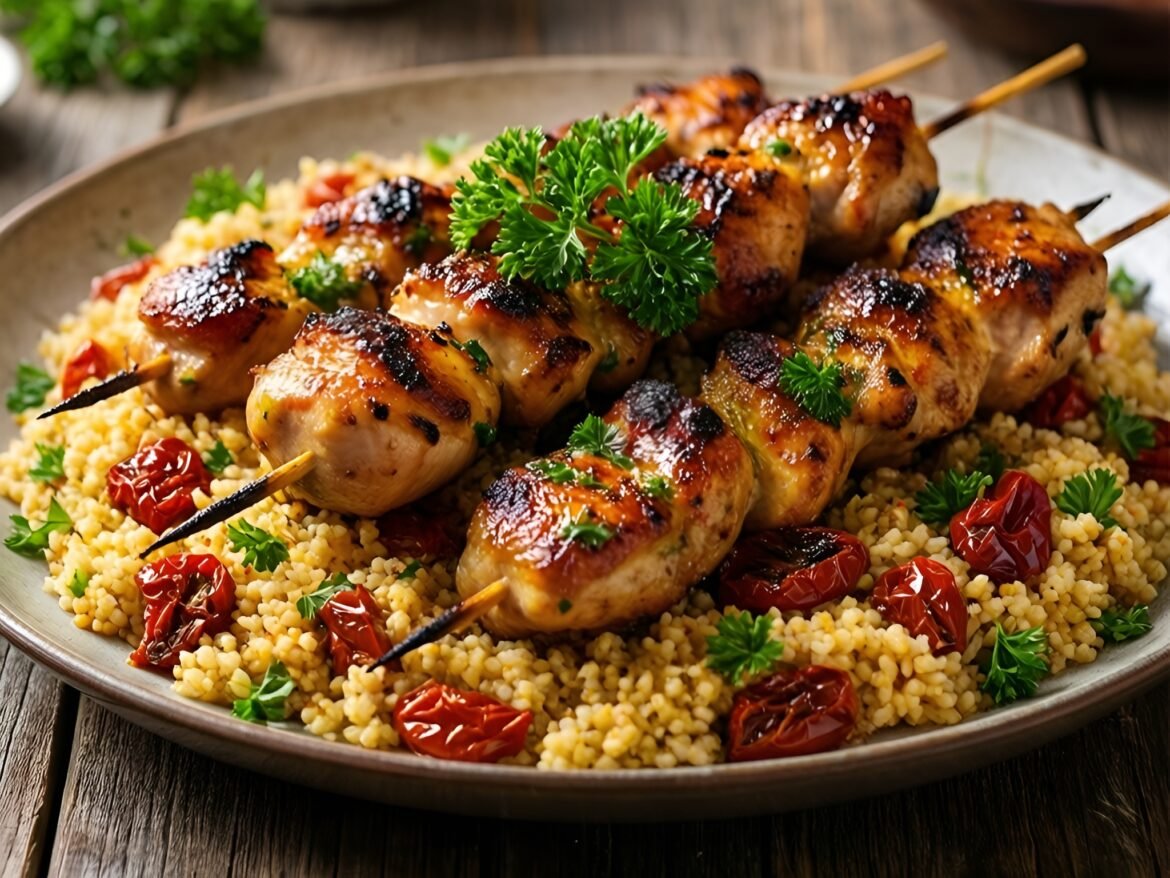 Mediterranean Grilled Chicken Skewers with Sun-Dried Tomato Couscous