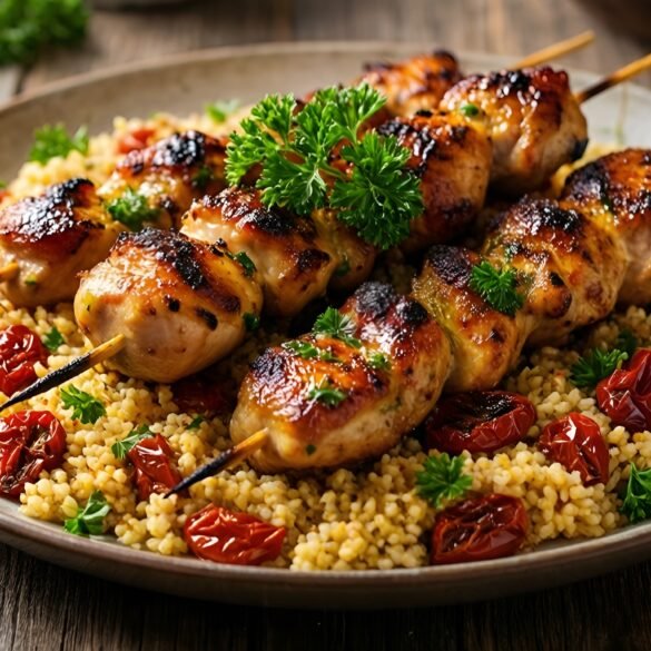 Mediterranean Grilled Chicken Skewers with Sun-Dried Tomato Couscous