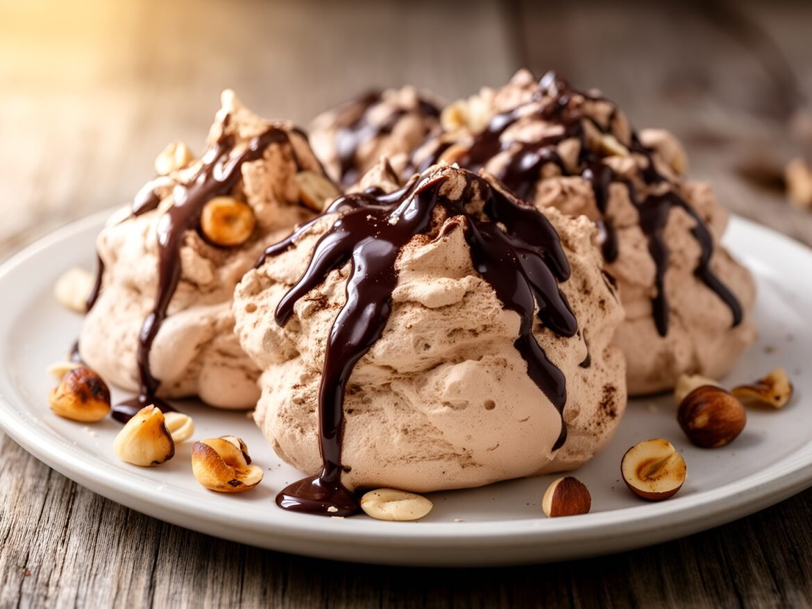 Mocha Hazelnut Meringue Clouds with Chocolate Drizzle
