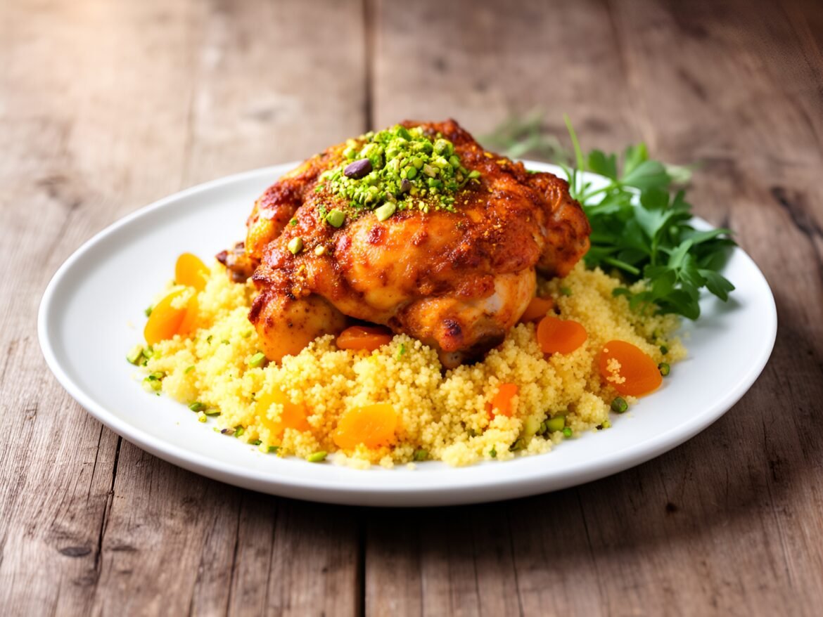Moroccan-Spiced Chicken Thighs with Apricot Couscous and Pistachio Crunch