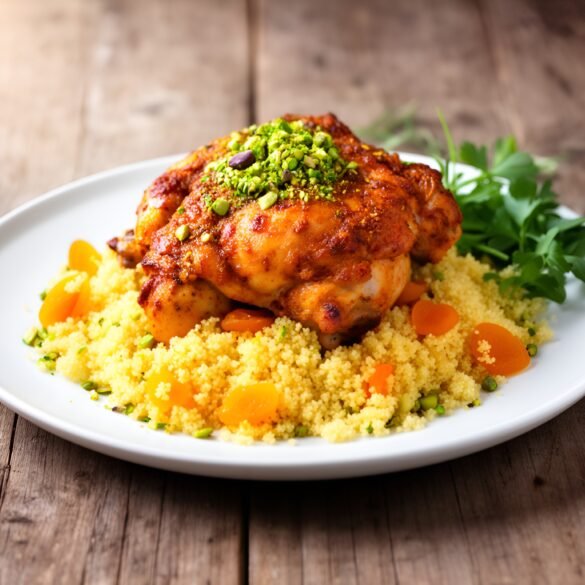 Moroccan-Spiced Chicken Thighs with Apricot Couscous and Pistachio Crunch