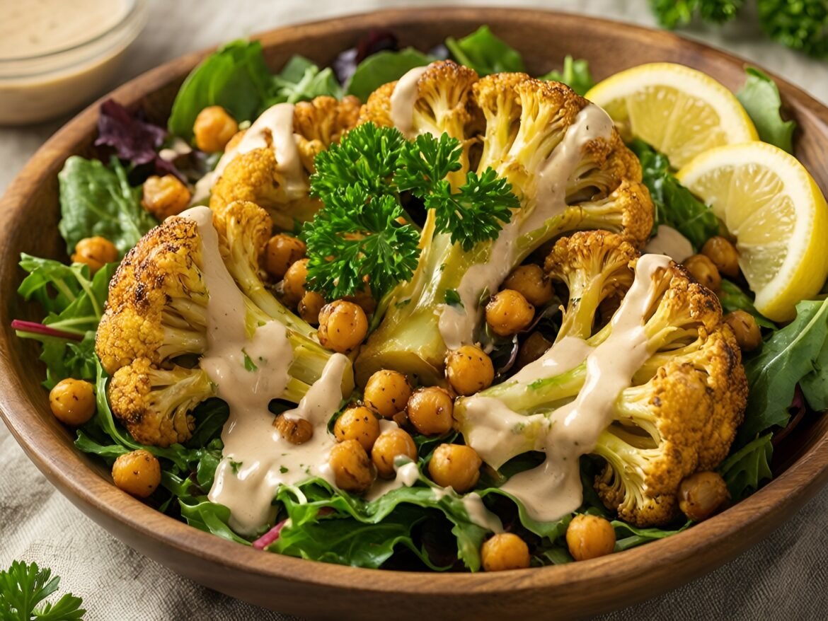 Nourishing Roasted Cauliflower and Chickpea Salad with Creamy Tahini Dressing