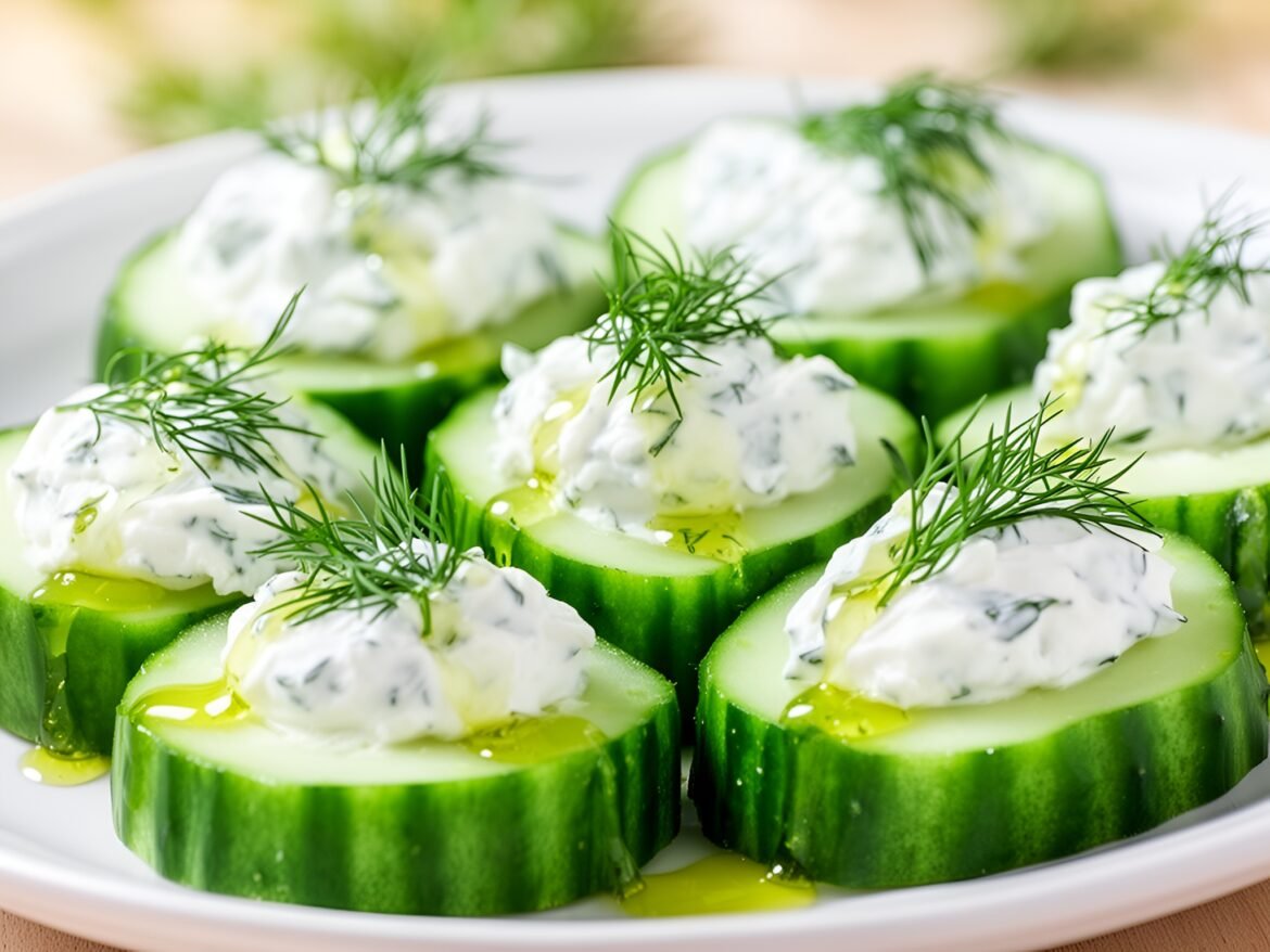 Refreshing Cucumber Bites Filled with Herbed Cream Cheese and Dill Drizzle