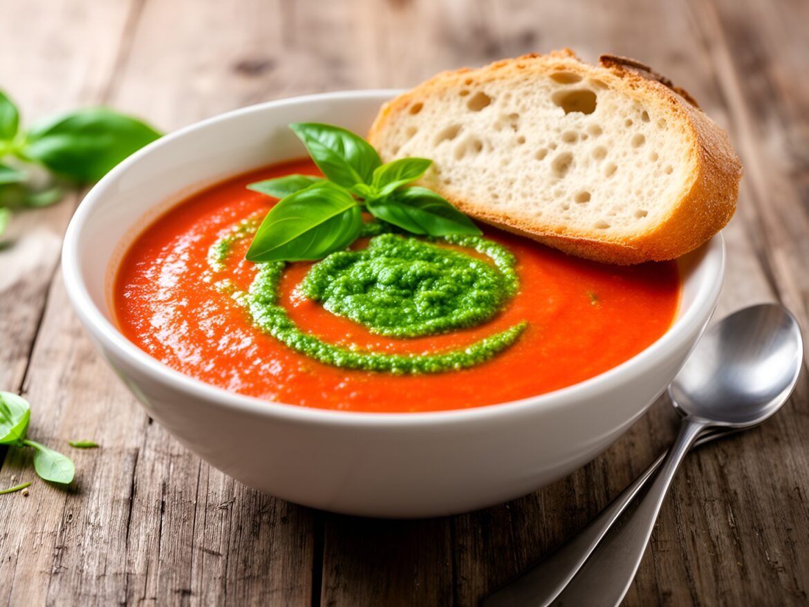 Rich and Creamy Tomato-Basil Soup with Pesto Swirl