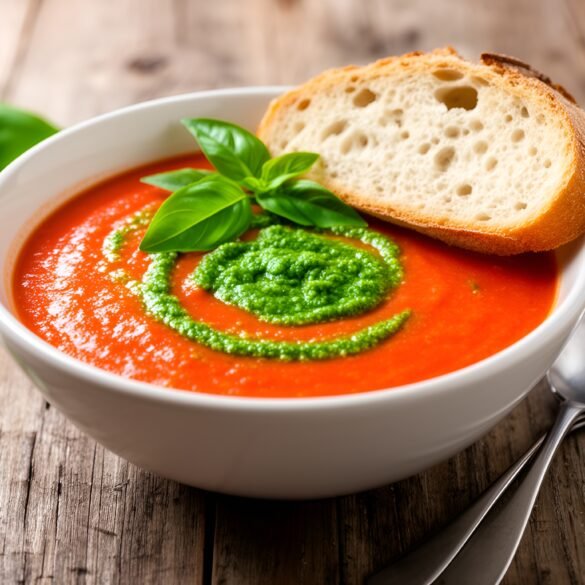 Rich and Creamy Tomato-Basil Soup with Pesto Swirl