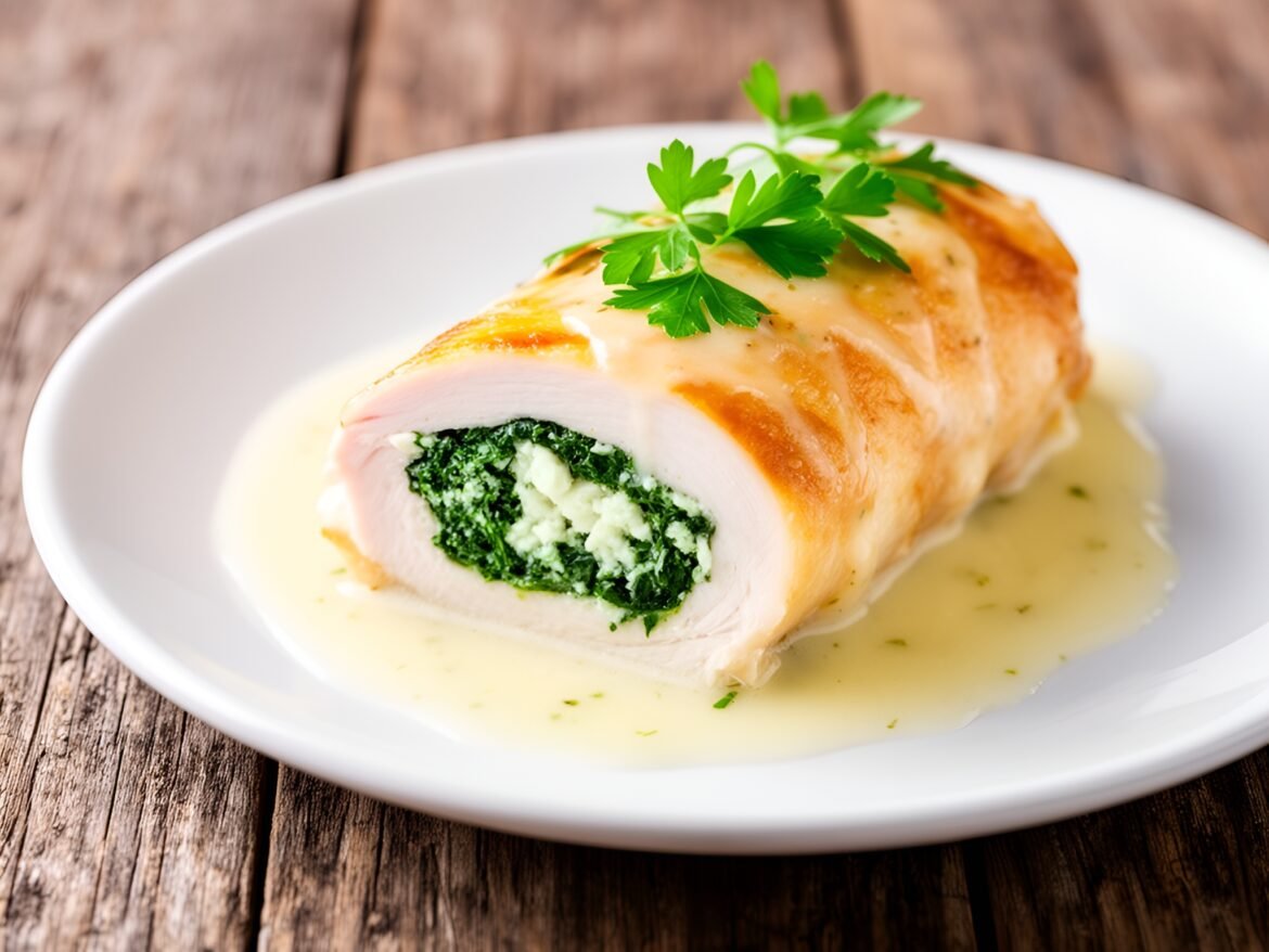 Saffron-Infused Chicken Roulades with Spinach and Creamy Garlic Sauce