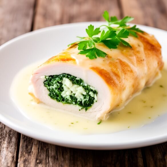 Saffron-Infused Chicken Roulades with Spinach and Creamy Garlic Sauce