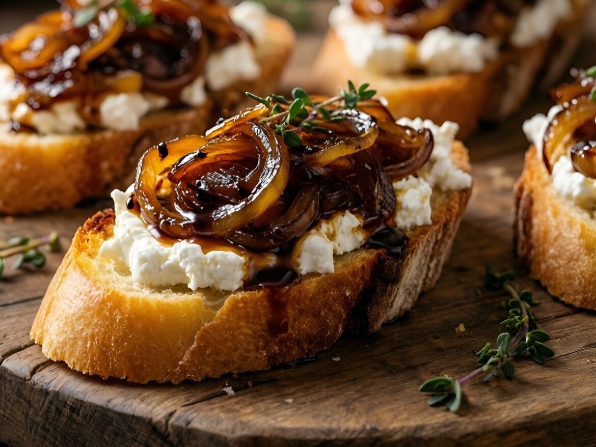 Savory Caramelized Onion and Goat Cheese Crostini