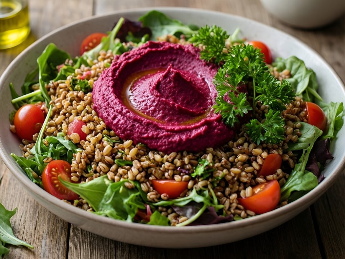 Savory Farro Salad with Creamy Roasted Beet Hummus