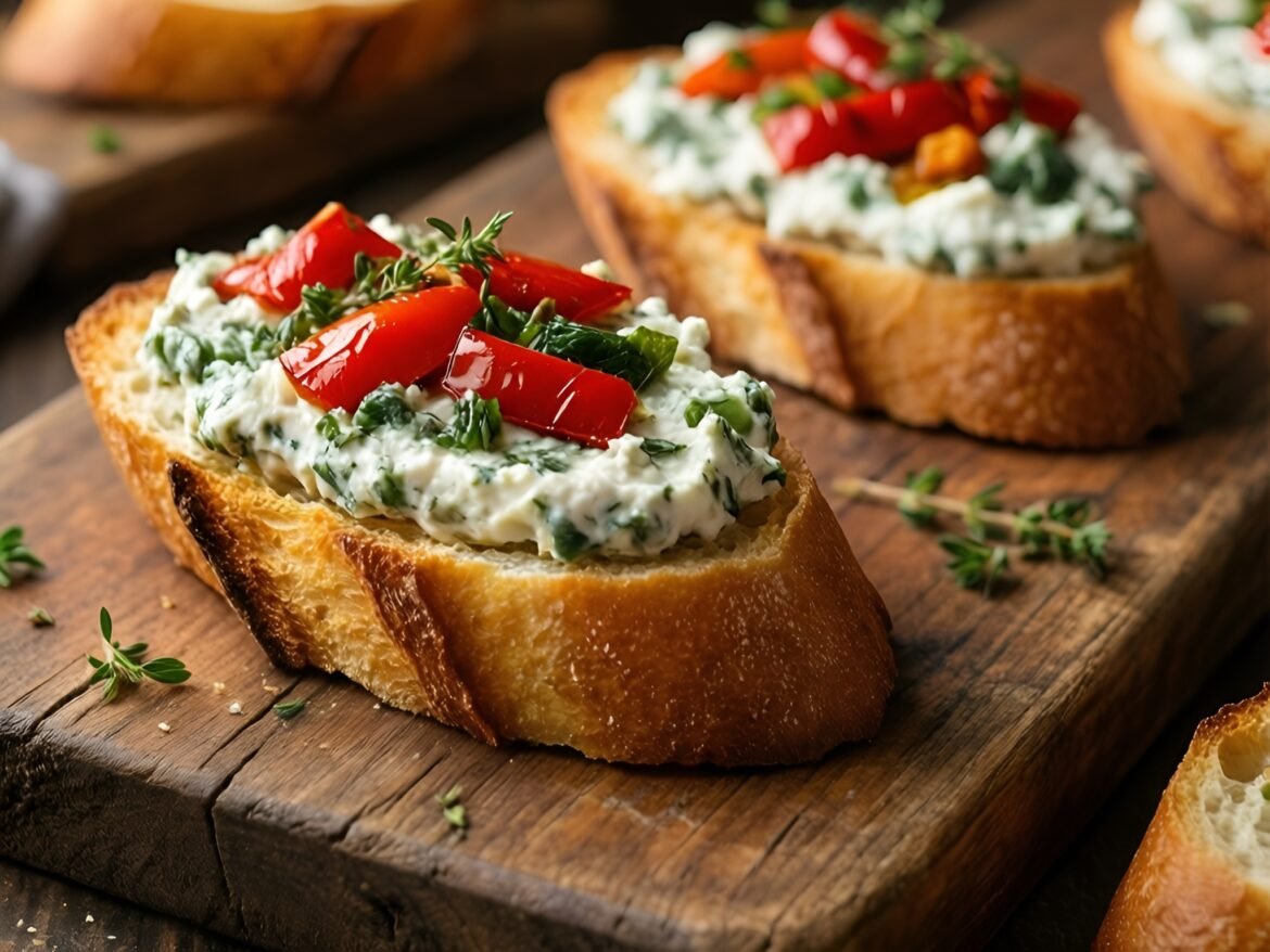 Savory Herbed Goat Cheese and Roasted Red Pepper Crostini