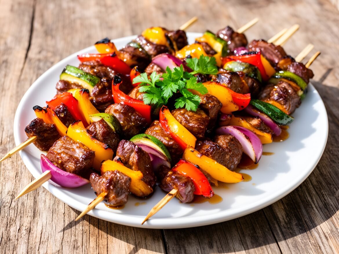 Savory Honey-Balsamic Glazed Beef Skewers with Grilled Vegetable Medley