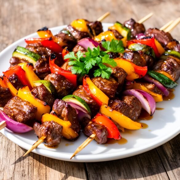 Savory Honey-Balsamic Glazed Beef Skewers with Grilled Vegetable Medley