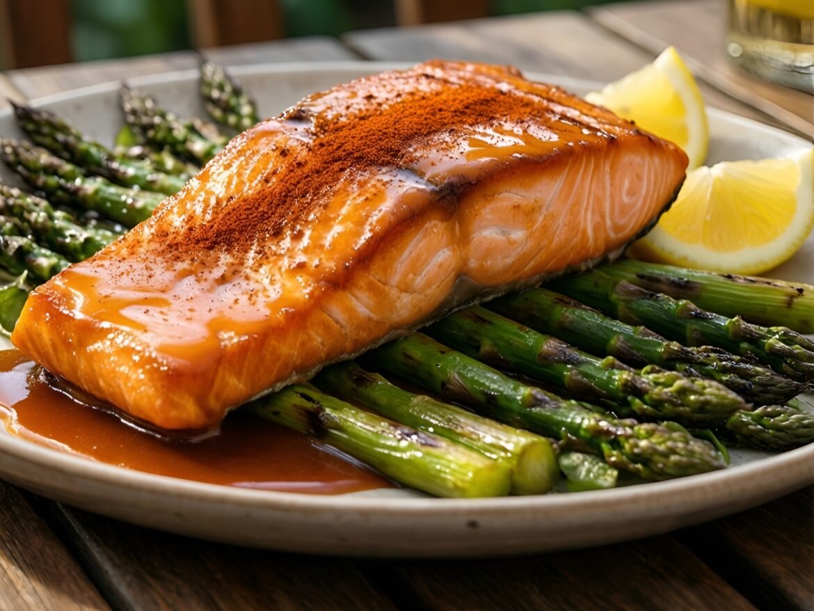 Savory Smoky Maple-Glazed Salmon with Charred Asparagus