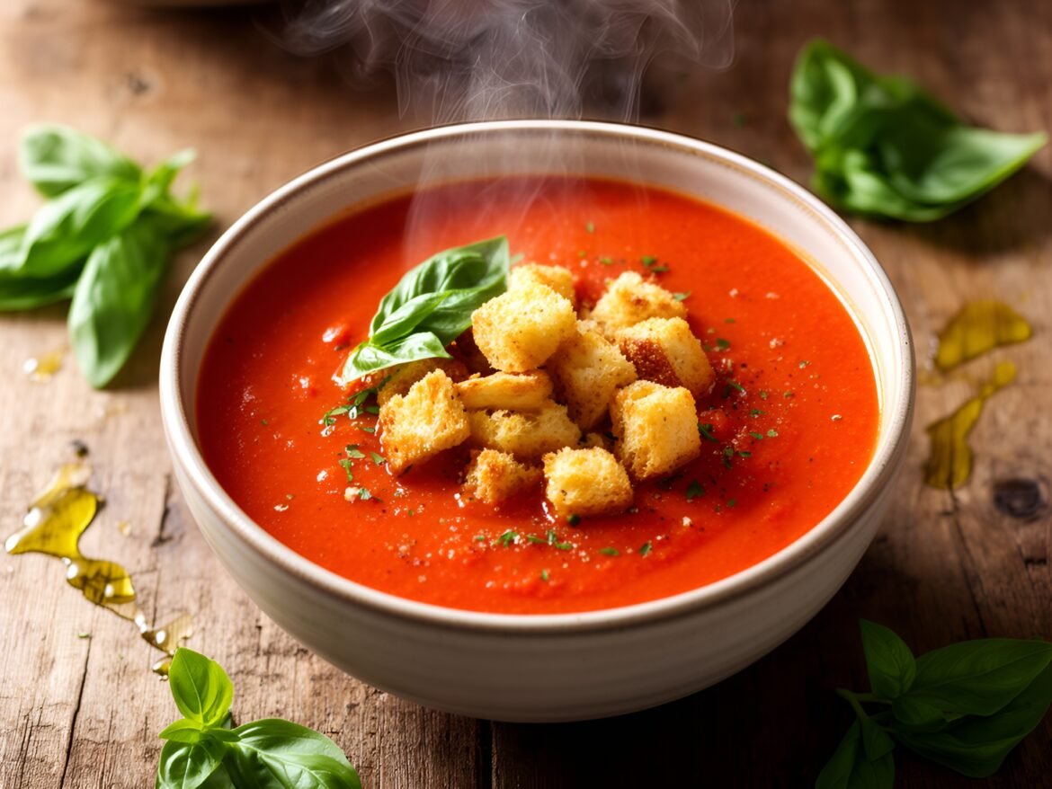 Savory Smoky Tomato and Roasted Red Pepper Soup with Basil Croutons