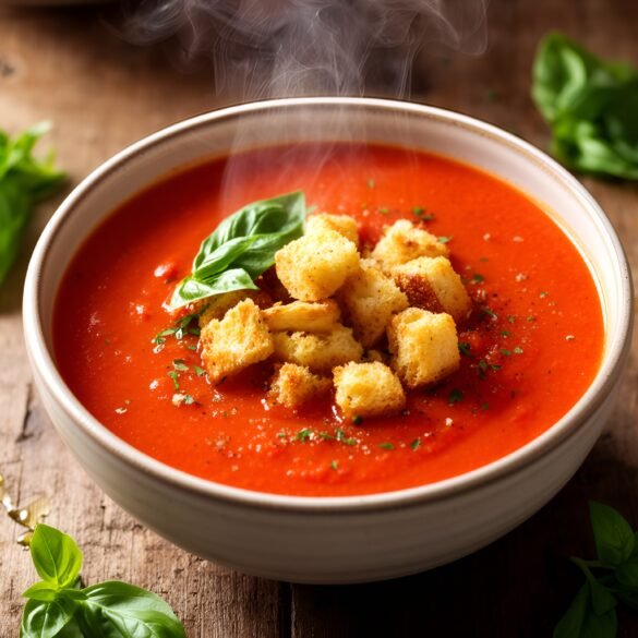 Savory Smoky Tomato and Roasted Red Pepper Soup with Basil Croutons