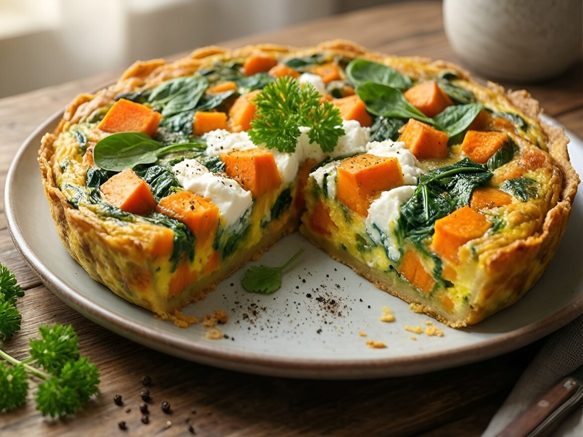 Savory Sweet Potato and Goat Cheese Frittata with Herbed Spinach