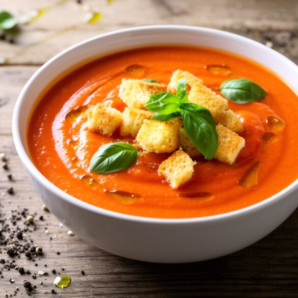 Silky Roasted Red Pepper and Tomato Basil Soup with Crunchy Parmesan Croutons