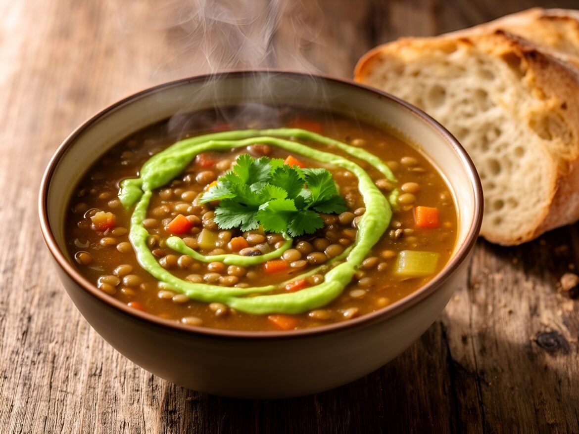 Smoky Chipotle-Lentil Soup with Avocado Lime Drizzle