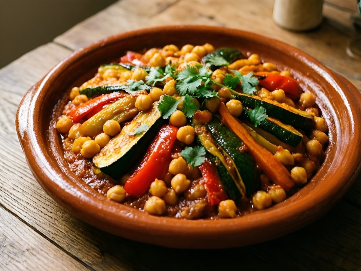 Spiced Roasted Vegetable & Chickpea Tajine with Fiery Harissa