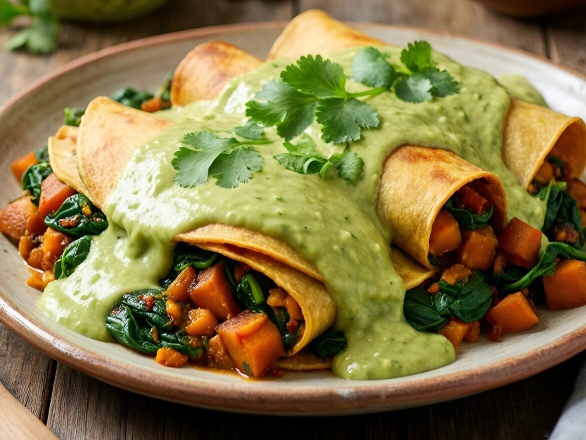 Spiced Sweet Potato and Spinach Enchiladas with Avocado Cream