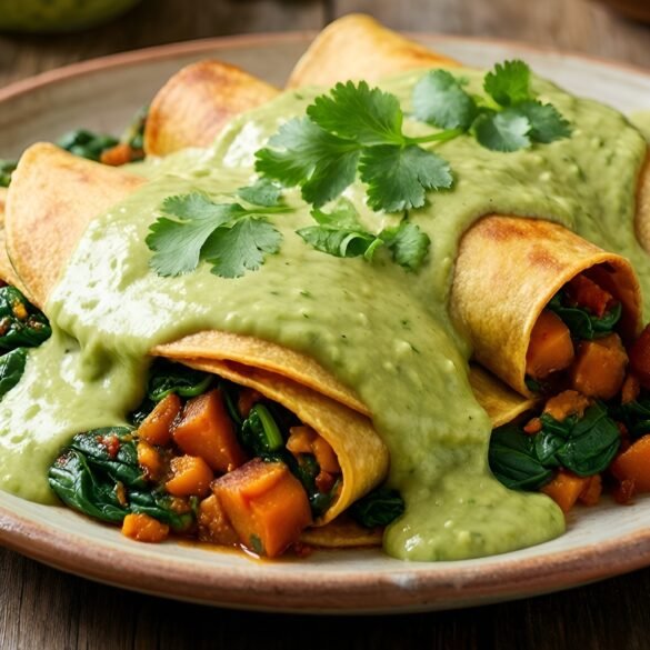 Spiced Sweet Potato and Spinach Enchiladas with Avocado Cream