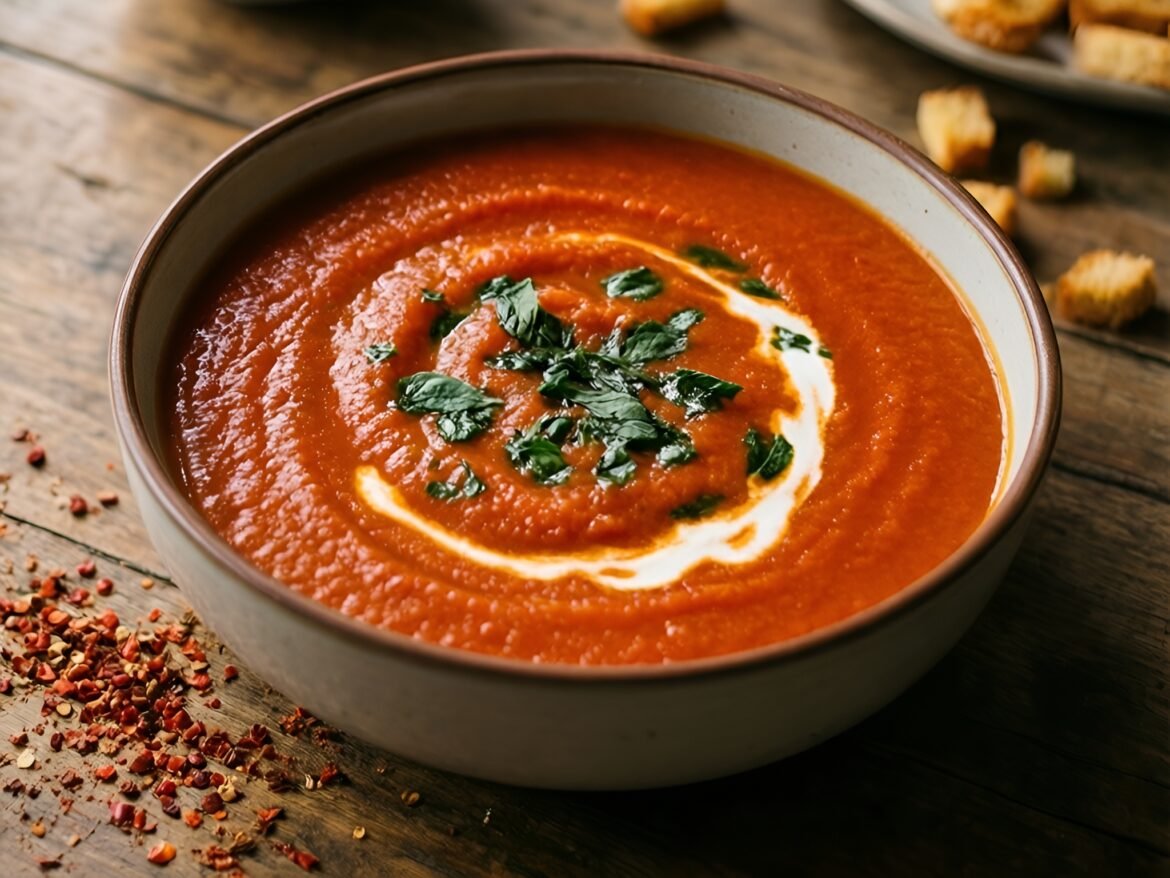 Spicy Roasted Tomato Basil Bisque with a Kick