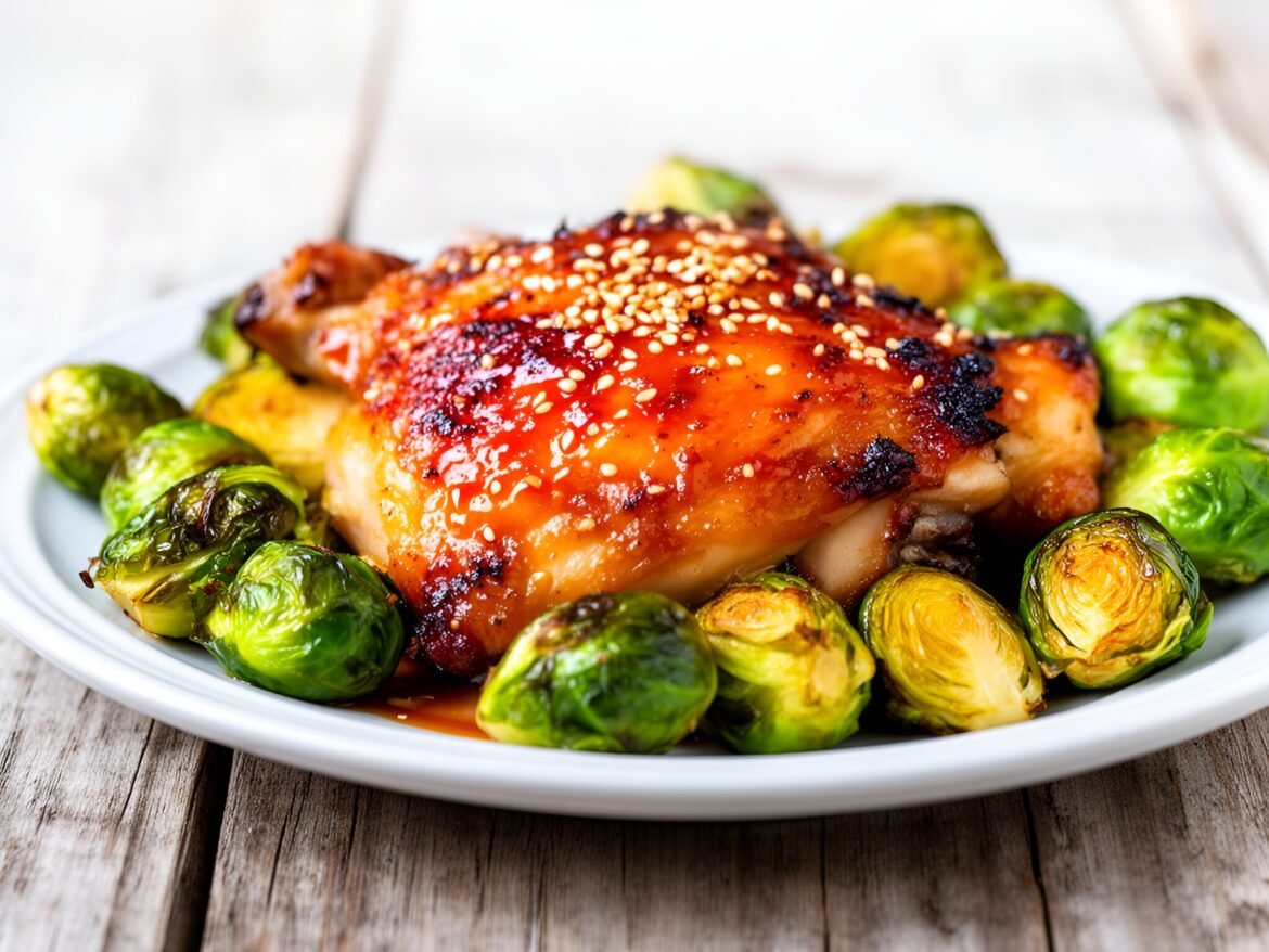 Sweet and Spicy Maple-Sriracha Chicken Thighs with Crispy Brussels Sprouts