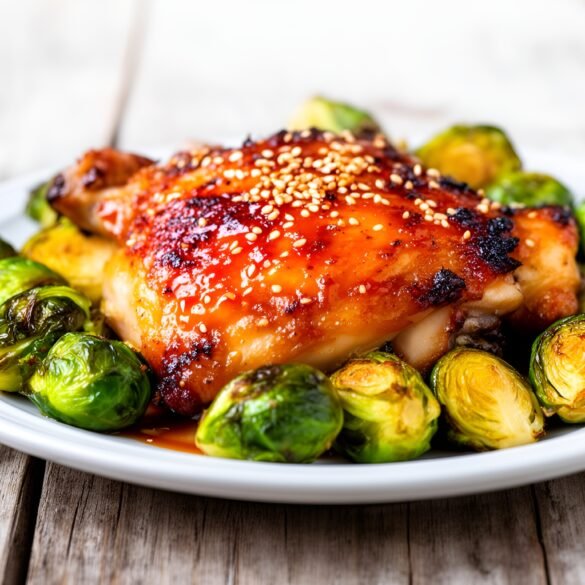 Sweet and Spicy Maple-Sriracha Chicken Thighs with Crispy Brussels Sprouts