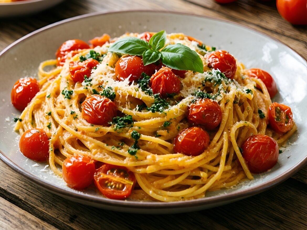 Tuscan Herb-Infused White Bean Pasta with Roasted Tomatoes