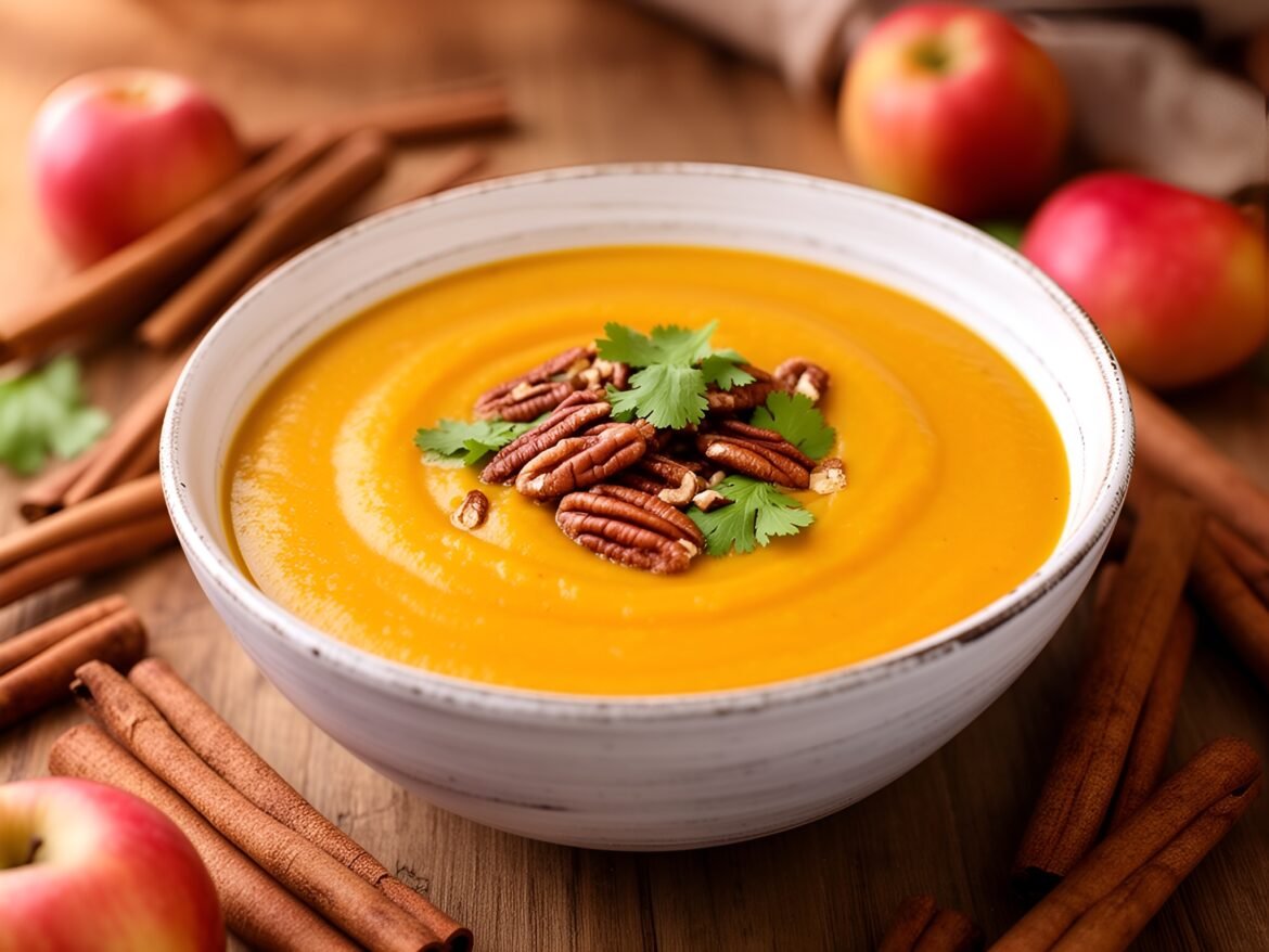 Velvety Curried Butternut Squash and Apple Soup with Toasted Pecans