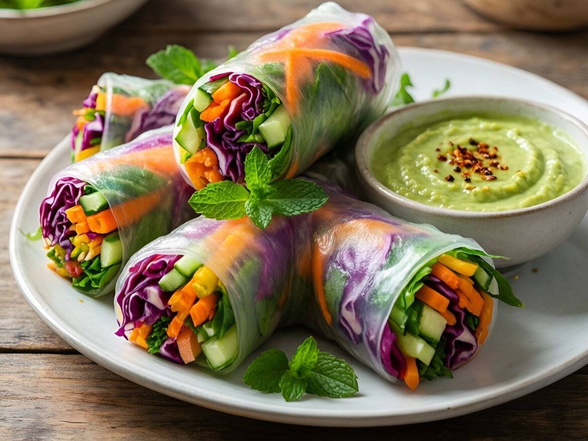 Vibrant Rainbow Vegetable Spring Rolls with Creamy Avocado Dipping Sauce