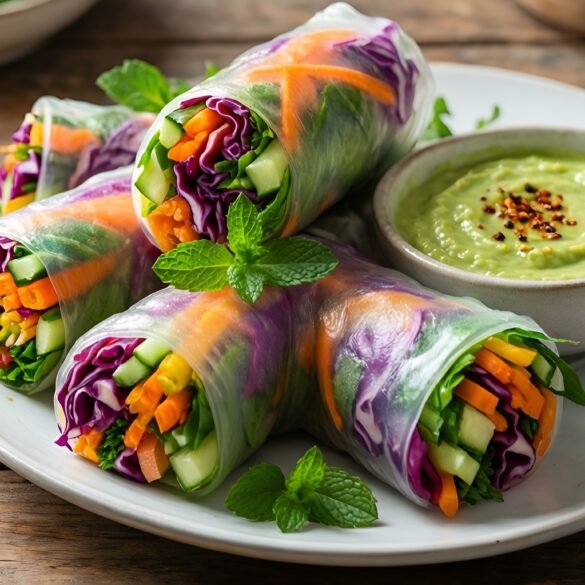 Vibrant Rainbow Vegetable Spring Rolls with Creamy Avocado Dipping Sauce