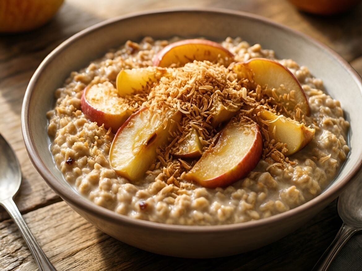 Warm Cinnamon-Apple Oatmeal Topped with Crunchy Toasted Coconut