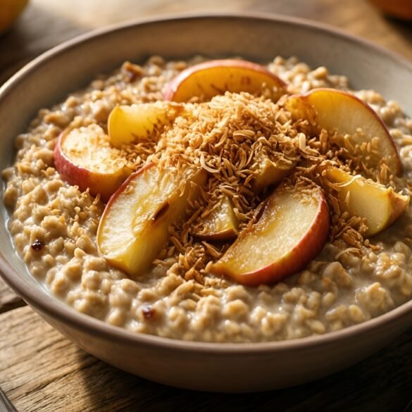 Warm Cinnamon-Apple Oatmeal Topped with Crunchy Toasted Coconut