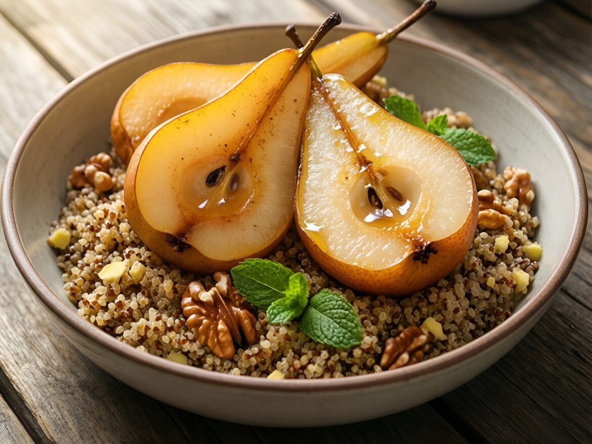 Warm Cinnamon-Ginger Quinoa Breakfast Bowls with Poached Pears